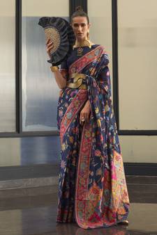 Navy Blue Woven Cotton Poly Saree With Blouse