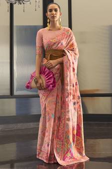 Peach Woven Cotton Poly Saree With Blouse