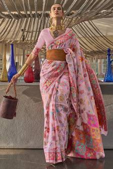 Pink Woven Cotton Poly Saree With Blouse