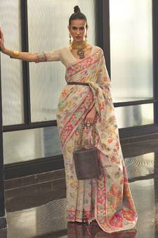 Cream Woven Cotton Poly Saree With Blouse