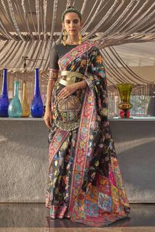 Black Woven Cotton Poly Saree With Blouse