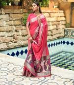 Pink woven cotton silk saree with blouse