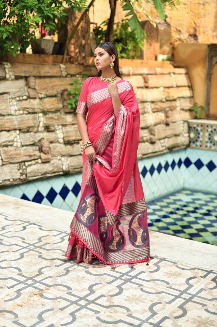 Pink woven cotton silk saree with blouse