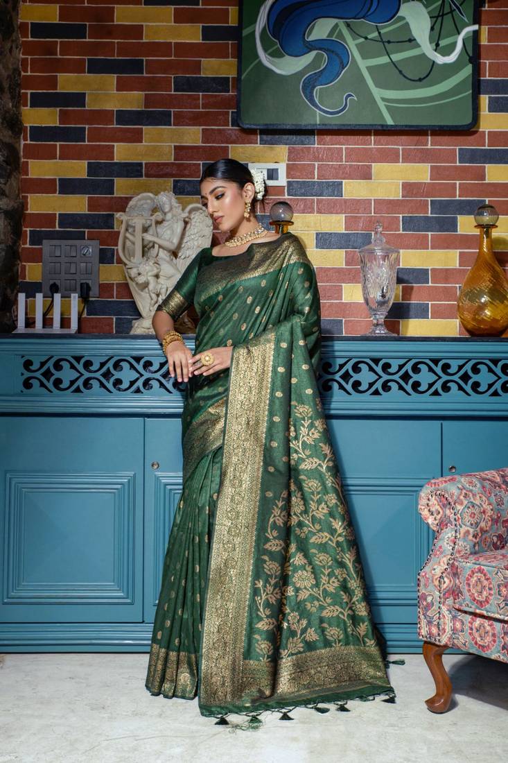 Green woven banarasi silk saree with blouse