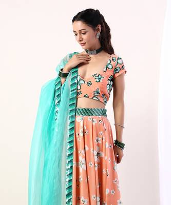 Coral Embroidered lehenga set(set of 3) 2