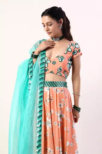 Coral Embroidered lehenga set(set of 3)