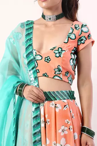 Coral Embroidered lehenga set(set of 3)