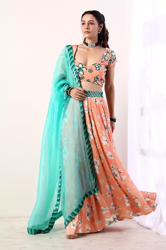 Coral Embroidered lehenga set(set of 3)