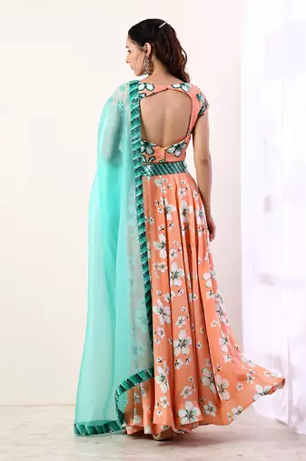 Coral Embroidered lehenga set(set of 3)