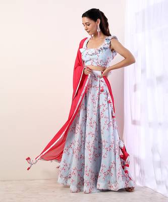 Sky Blue Ruffle top with lehenga(set of 3) 2