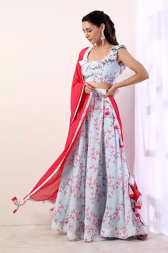 Sky Blue Ruffle top with lehenga(set of 3)