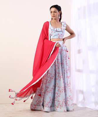 Sky Blue Ruffle top with lehenga(set of 3) 1