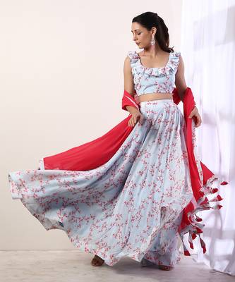 Sky Blue Ruffle top with lehenga(set of 3) 3