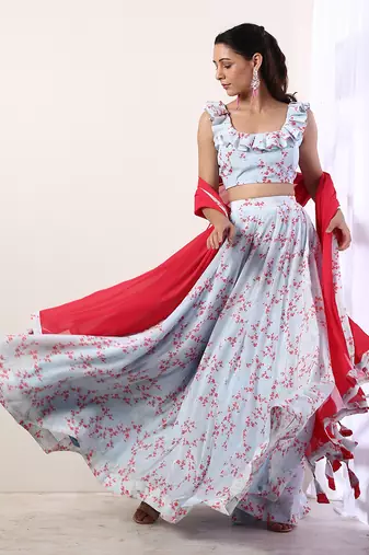 Sky Blue Ruffle top with lehenga(set of 3)