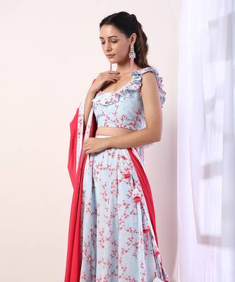 Sky Blue Ruffle top with lehenga(set of 3) 5