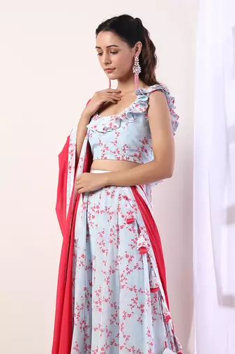 Sky Blue Ruffle top with lehenga(set of 3)