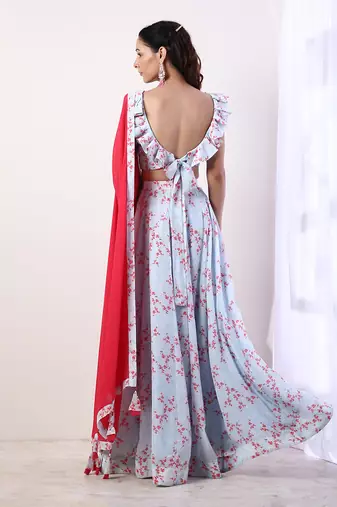 Sky Blue Ruffle top with lehenga(set of 3)