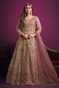 Onion-pink embroidered net salwar