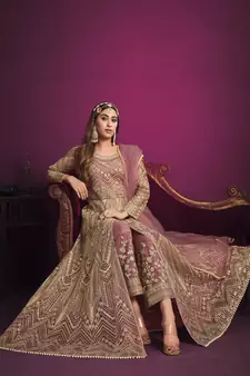 Onion-pink embroidered net salwar