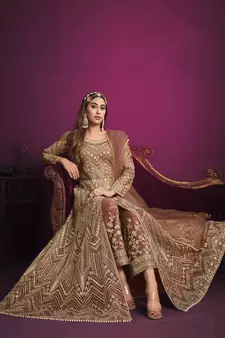 Light-brown embroidered net salwar