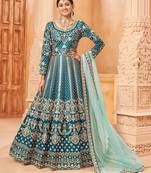 Teal-blue embroidered art silk salwar