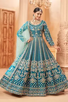 Teal-blue embroidered art silk salwar