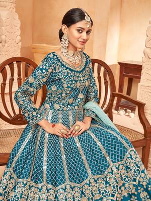 Teal-blue embroidered art silk salwar 3