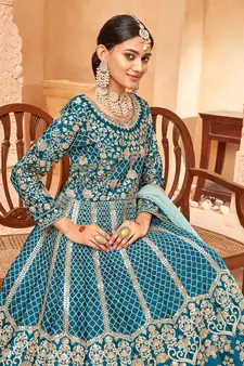 Teal-blue embroidered art silk salwar