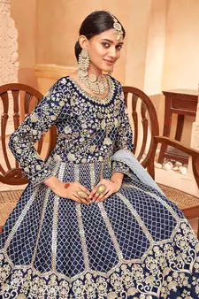 Navy-blue embroidered art silk salwar