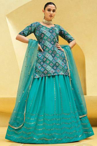 TURQUOISE BLUE PRINT WITH SEQUINS EMBROIDERED CHINON SILK FESTIVE BRIDAL WEDDING