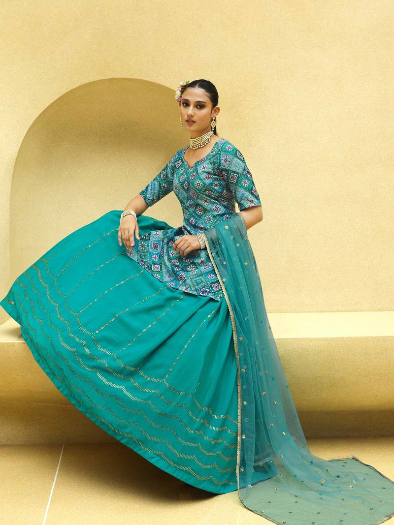 TURQUOISE BLUE PRINT WITH SEQUINS EMBROIDERED CHINON SILK FESTIVE BRIDAL WEDDING
