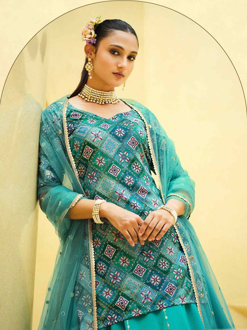 TURQUOISE BLUE PRINT WITH SEQUINS EMBROIDERED CHINON SILK FESTIVE BRIDAL WEDDING