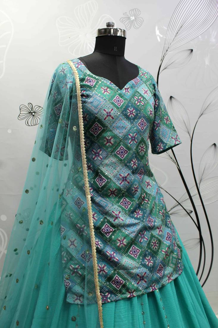 TURQUOISE BLUE PRINT WITH SEQUINS EMBROIDERED CHINON SILK FESTIVE BRIDAL WEDDING