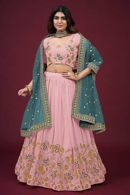 Peach embroidered faux georgette semi stitched lehenga 1