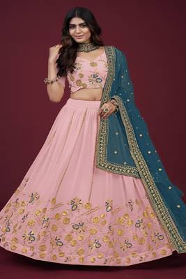 Peach embroidered faux georgette semi stitched lehenga 2
