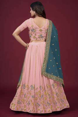 Peach embroidered faux georgette semi stitched lehenga 3