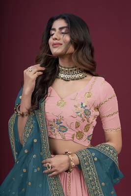 Peach embroidered faux georgette semi stitched lehenga 4