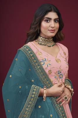 Peach embroidered faux georgette semi stitched lehenga 5