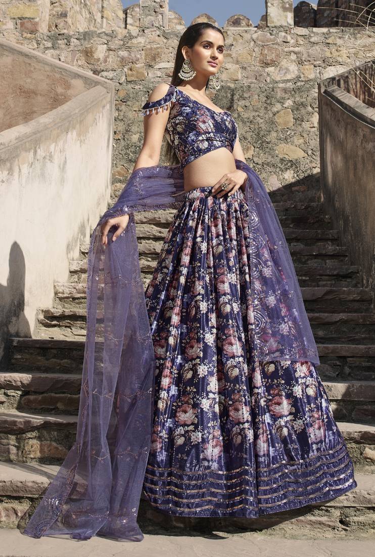 LAVENDER FLORAL PRINTE WITH SEQUINS EMBROIDERED WORK GEORGETTE FESTIVE & PARTY WEAR SEMI STITCHED LEHENGA