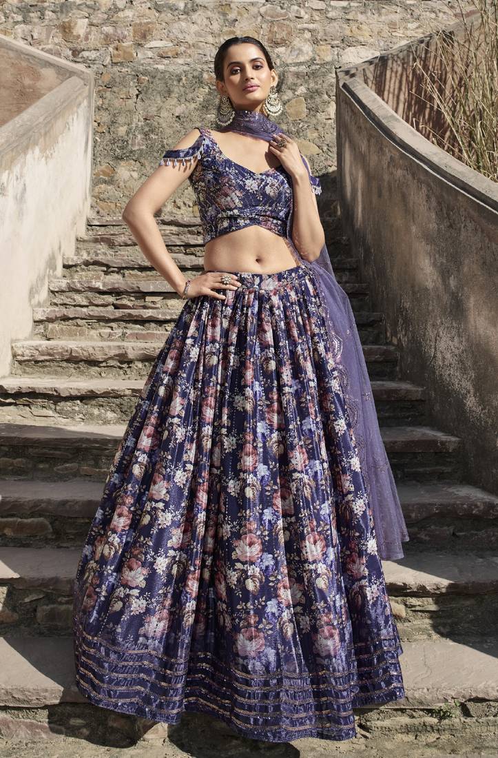 LAVENDER FLORAL PRINTE WITH SEQUINS EMBROIDERED WORK GEORGETTE FESTIVE & PARTY WEAR SEMI STITCHED LEHENGA