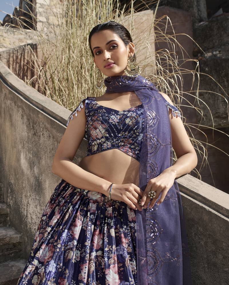 LAVENDER FLORAL PRINTE WITH SEQUINS EMBROIDERED WORK GEORGETTE FESTIVE & PARTY WEAR SEMI STITCHED LEHENGA