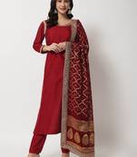 Maroon Grace Straight Kurti With Straight Pants and Banarasi Bandhej Dupatta