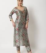 Blue Gray Floral Printed Kurti with Straight Pants and Organza Dupatta