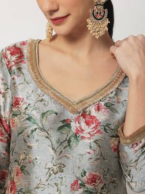 Blue Gray Floral Printed Kurti with Straight Pants and Organza Dupatta 3