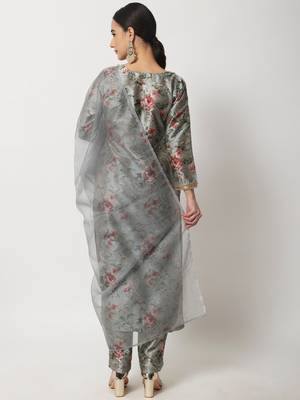 Blue Gray Floral Printed Kurti with Straight Pants and Organza Dupatta 4