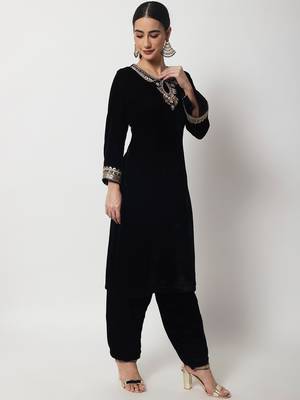 Black Beauty Embroidered Kurti with Velvet Salwar and Sequin Dupatta 1