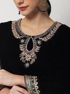 Black Beauty Embroidered Kurti with Velvet Salwar and Sequin Dupatta 3