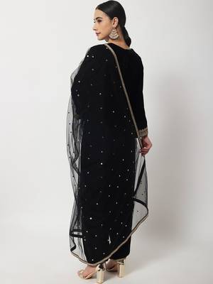 Black Beauty Embroidered Kurti with Velvet Salwar and Sequin Dupatta 4
