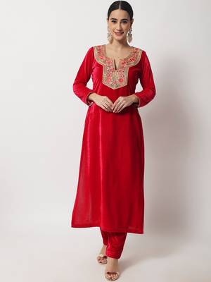 Vibrant pink Straight Velvet Kurti With Straight Pants 4