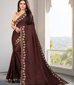 Brown Embroidered Silk Blend Saree With Blouse